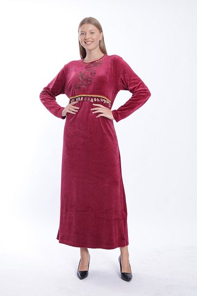 mervemoda Rochie de damă lungă din catifea visiniu