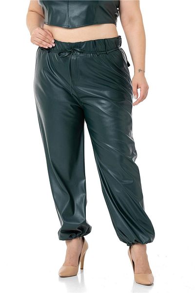 DISENTIS MODEST Plus Size Leather Khaki Trousers with Drawstring Detail