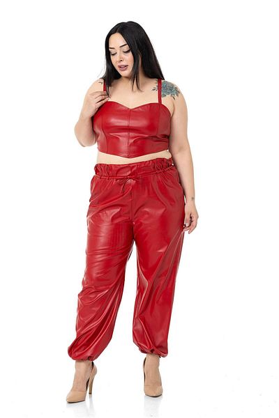 DISENTIS MODEST Plus Size Leather Red Trousers with Drawstring Detail on the Leg