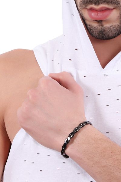 LABALABA Men's Metallic Anthracite Lacquer Coated Adjustable Braided Textured Bracelet