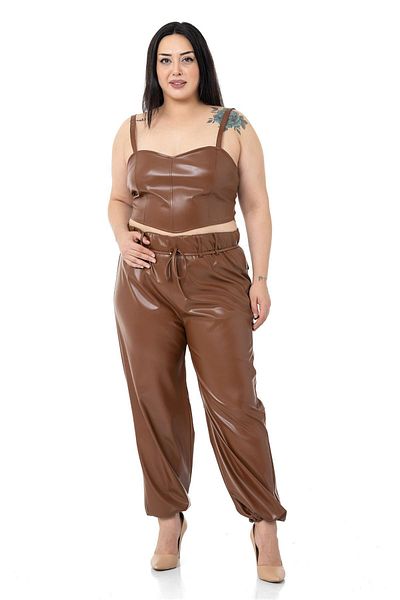 DISENTIS MODEST Plus Size Leather Brown Trousers with Drawstring Detail on the Leg