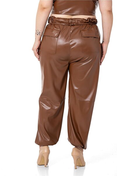 DISENTIS MODEST Plus Size Leather Brown Trousers with Drawstring Detail on the Leg