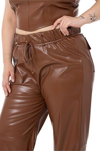 DISENTIS MODEST Plus Size Leather Brown Trousers with Drawstring Detail on the Leg