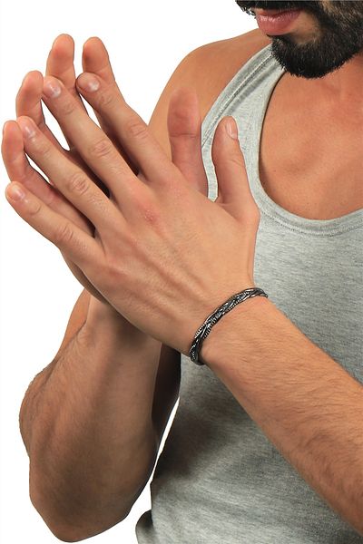 LABALABA Men's Lacquer Black Color Plated Adjustable Open Band Embossed Weave Textured Bracelet