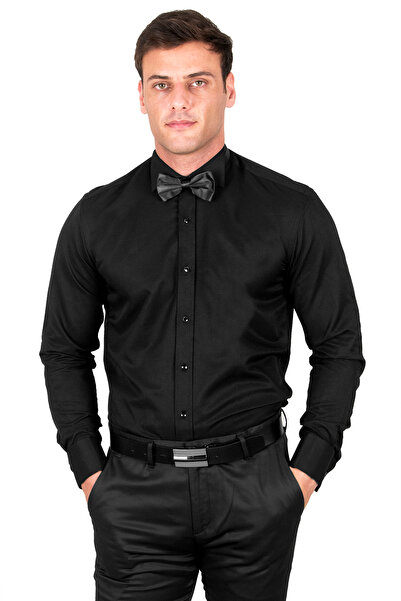 DeepSEA Ανδρικό πουκάμισο Dobby σε μαύρο διπλό μανσέτα 2309479