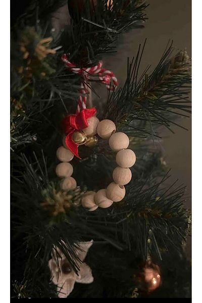 Masalsı Concept 3 Pieces Double Chime Beaded Decorative Red Ribbon Wooden Christmas Tree Ornament