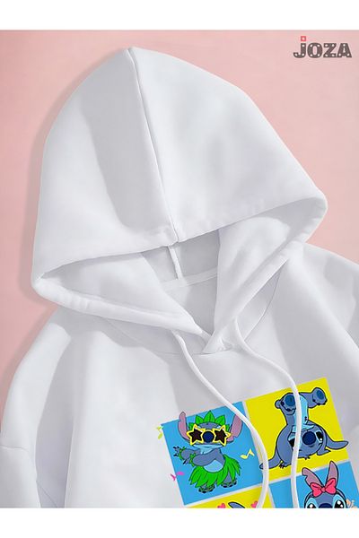 Joza Outdoors Hanorac unisex, femei, bărbați, cu imprimeu Lilo Stitch, negru, alb, cu glugă, fleece