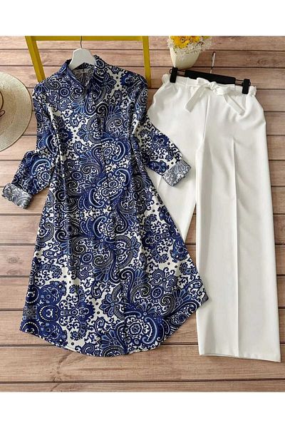 CANSELLBUTİKK Plus Size Blue Mixed Patterned Tunic (46-48-50-52-54)