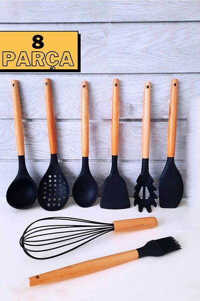 ÖzSa Home 8 Piece Silicone Ladle Colander Spoon Brush Beater Bamboo Handle Kitchen Serving Set Set