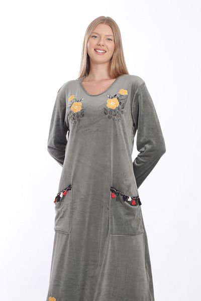 mervemoda Γυναικείο ανοιχτό χακί βελούδινο μακρύ φόρεμα