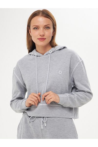 QMARI Hanorac oversize cu glugă pentru femei cu cusături Karioca gri | Salonic moale | Logo Q alb brodat