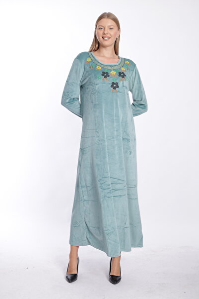 mervemoda Γυναικείο πράσινο βελούδινο μακρύ φόρεμα