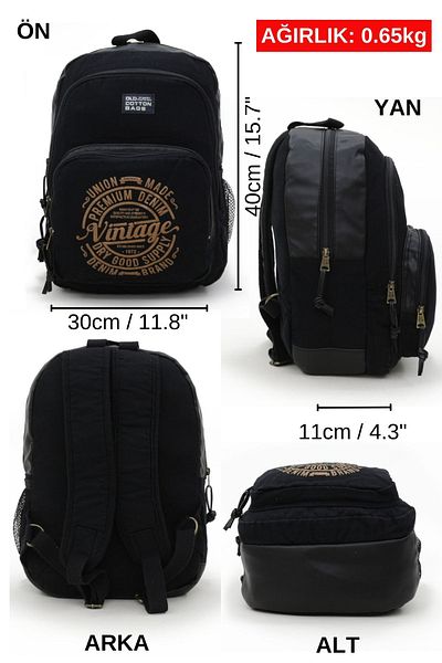 Old Cotton 7184 Revilla Black Back Σχολικά ταξίδια - Φορητός υπολογιστής 15,6 ιντσών - Αθλητική τσάντα από βαμβακερό καμβά για φορητό υπολογιστή