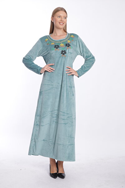 mervemoda Γυναικείο πράσινο βελούδινο μακρύ φόρεμα