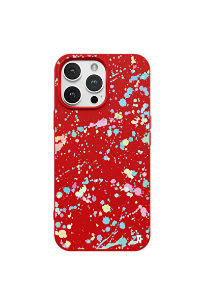 Casen Iphone 14 Pro Max Özel Tasarım Renkli Damlacık Boya Kırmızı Renkli Sili...