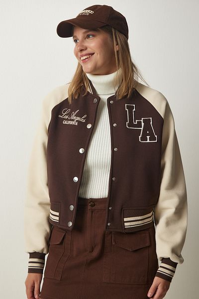 Happiness İstanbul Women's Cream Brown College Bomber Sweatshirt Coat HF00446