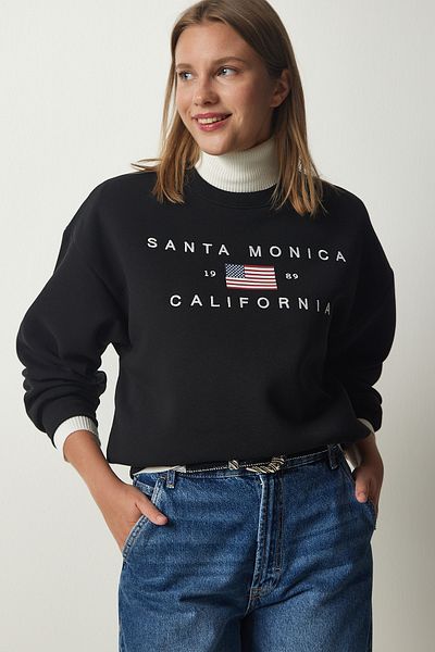 Happiness İstanbul Women's Black Embroidered Raised Knitted Sweatshirt HF00449