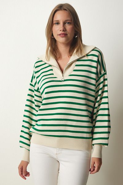Happiness İstanbul Pulover de damă din tricot cu fermoar cu dungi verde crem PF00039