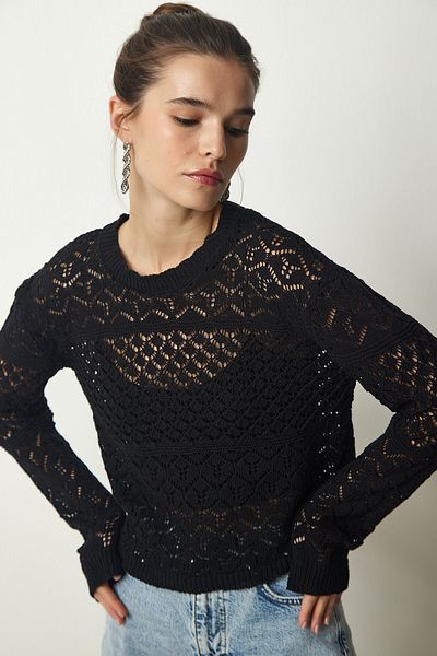 Happiness İstanbul Pulover de damă negru din tricot cu defilare CI00093