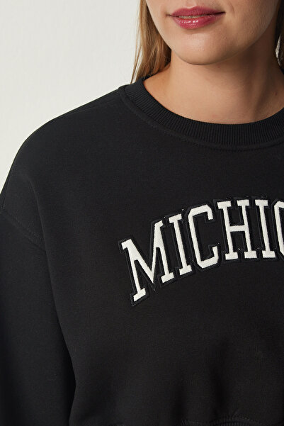 Happiness İstanbul Dámská černá pletená mikina s potiskem Raised Crop HF00443