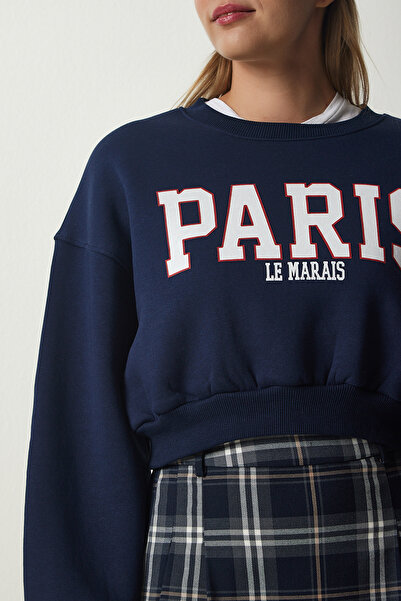 Happiness İstanbul Női sötétkék nyomott magasított termés kötött pulóver HF00444