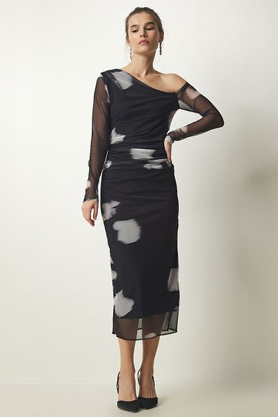 Happiness İstanbul Women's Black One-Shoulder Gathered Chiffon Dress MC00247