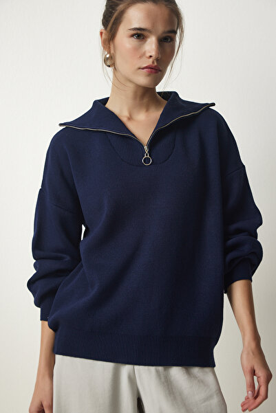 Happiness İstanbul Marineblauer Basic-Strickpullover mit Reißverschlusskragen für Damen PF00007