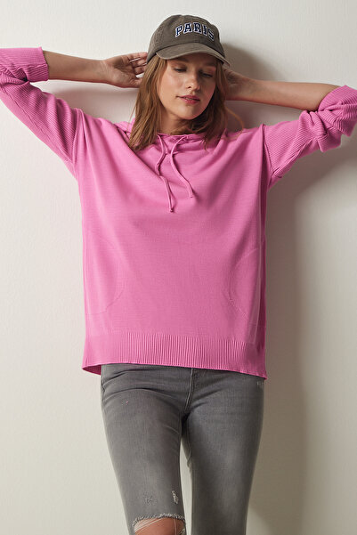 Happiness İstanbul Dámská růžová kapesní pletená mikina s kapucí YU00003