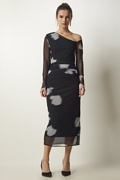 Happiness İstanbul Dámské černé šifonové šaty na jedno rameno MC00247