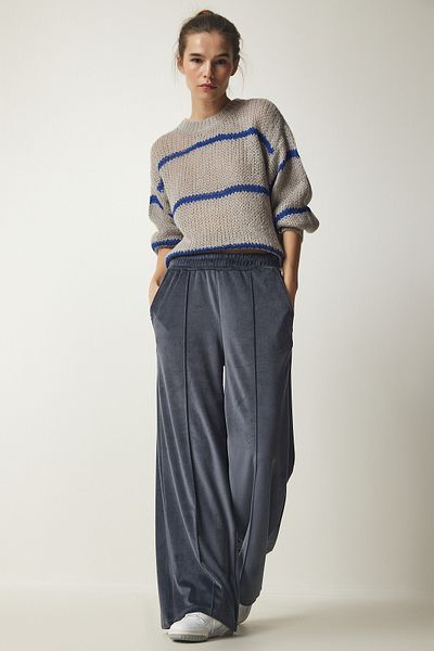 Happiness İstanbul Women's Anthracite Palazzo Velvet Trousers MC00248