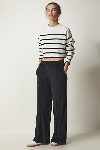 Happiness İstanbul Pantaloni de damă negri din catifea Palazzo MC00248