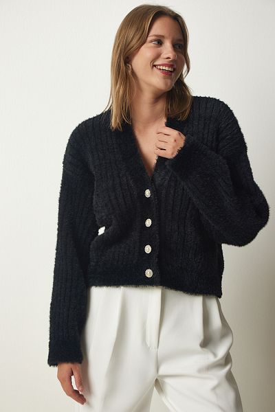 Happiness İstanbul Schwarzer Damen-Strickcardigan mit Perlenknöpfen und Bärtchen MT00144