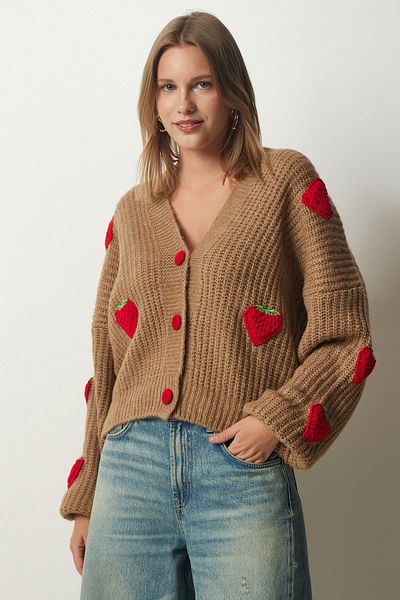Happiness İstanbul Oversize-Strickjacke für Damen mit Erdbeermotiv PF00008