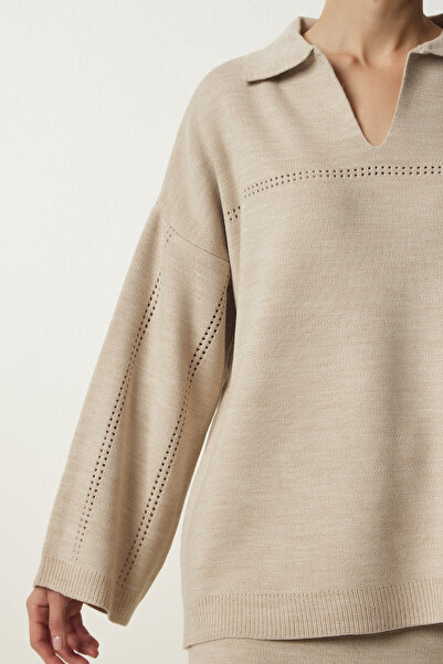 Happiness İstanbul Női bézs pólógallér stílusos kötöttáru pulóver szoknya szett YY00186