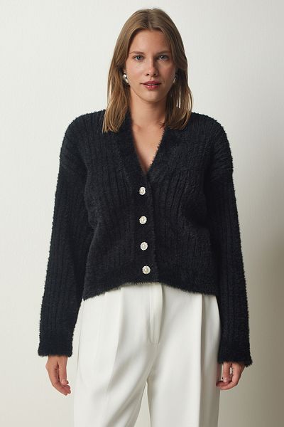Happiness İstanbul Schwarzer Damen-Strickcardigan mit Perlenknöpfen und Bärtchen MT00144