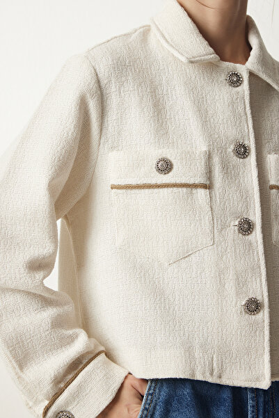 Happiness İstanbul Γυναικείο κρεμ γυαλιστερό κοντό μπουφάν με στρας WF00057