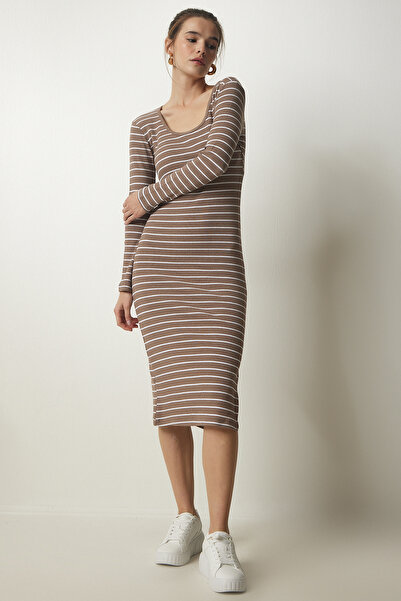 Happiness İstanbul Dámské Norkové proužkované Saran Pletené šaty GT00227