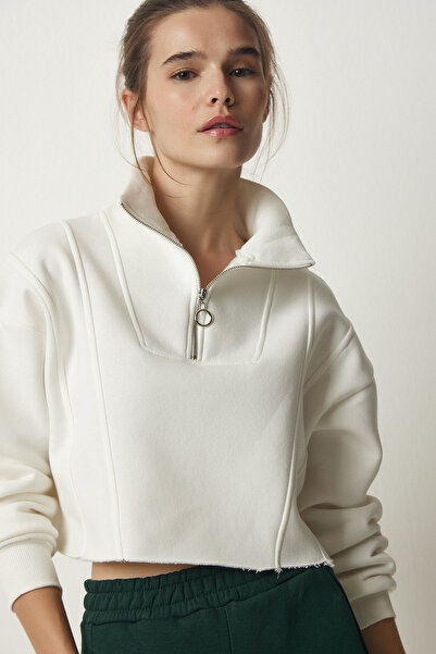 Happiness İstanbul Dámska pletená mikina so zipsom Ecru HF00441