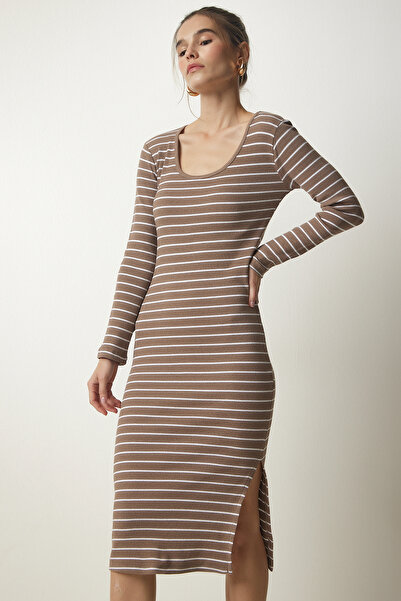 Happiness İstanbul Dámské Norkové proužkované Saran Pletené šaty GT00227