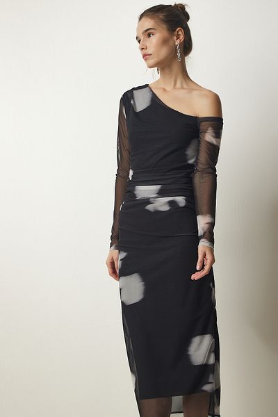 Happiness İstanbul Women's Black One-Shoulder Gathered Chiffon Dress MC00247