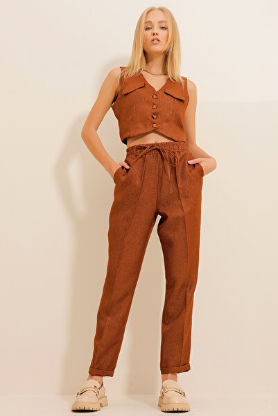 Trend Alaçatı Stili Women's Cinnamon Herringbone Patterned Elastic Waist Double Leg Trousers ALC-X11065