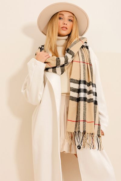 Trend Alaçatı Stili Beigefarbener Schal mit Karomuster für Damen ALC-X11152