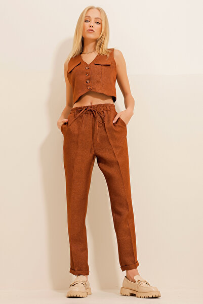 Trend Alaçatı Stili Women's Cinnamon Herringbone Patterned Elastic Waist Double Leg Trousers ALC-X11065