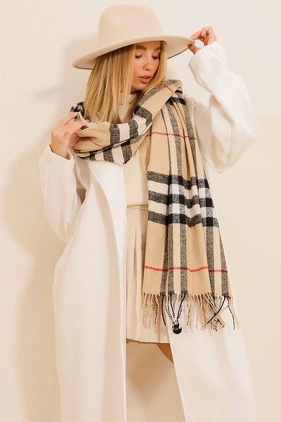 Trend Alaçatı Stili Beigefarbener Schal mit Karomuster für Damen ALC-X11152