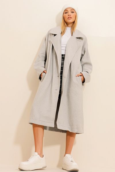 Trend Alaçatı Stili Ungefütterter langer Mantel mit grauem Stempel für Damen ALC-X11111