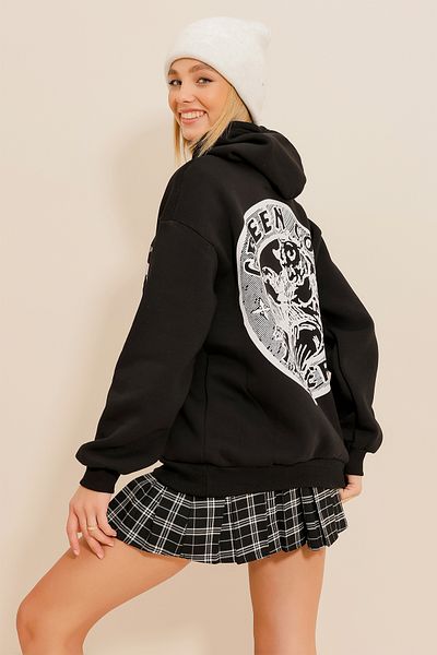 Trend Alaçatı Stili Schwarzes Damen-Sweatshirt mit Kapuze, vorne und hinten bedruckt, 3-fädig gerippt ALC-X11105