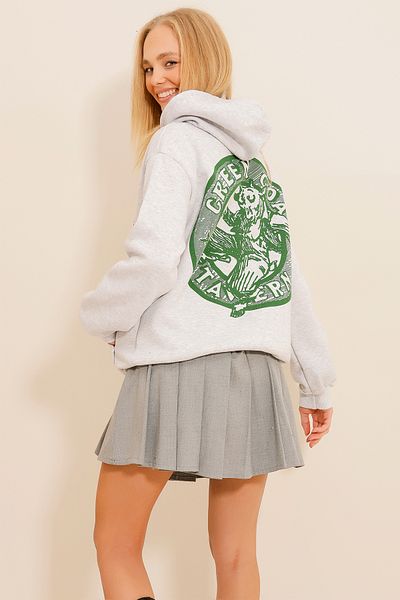 Trend Alaçatı Stili Graues Damen-Sweatshirt mit Kapuze und bedrucktem 3-Faden-Band vorne und hinten ALC-X11105
