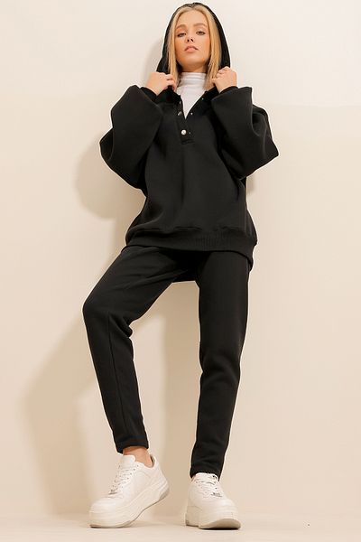 Trend Alaçatı Stili Women's Black 3 Thread Ribbon Hood and Snap Closure Tracksuit Set ALC-X11074