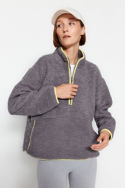 Trendyol Collection Šedá plyšová pletená sportovní mikina THMAW23SW00021