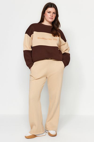 Trendyol Curve Plus Size Fleece Embroidery Knitted Sweatshirt - Brown Tbbaw24Ao00024